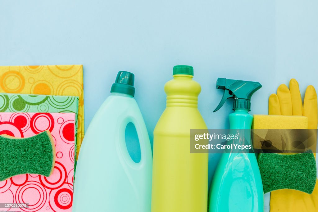 Top view collection of cleaning supplies