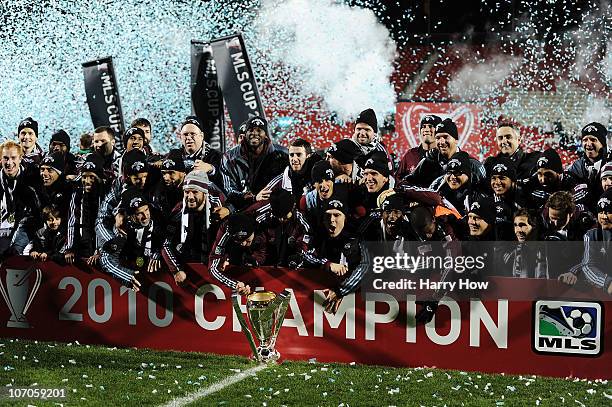 Members of the Colorado Rapids celebrate with the Philip F. Anschutz Trophy in honor of their 2-1 overtime victory over FC Dallas following the 2010...