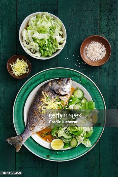 grilled sea bream with vegetables - perch stock pictures, royalty-free photos & images