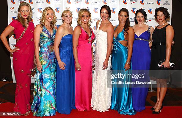 Marieke Guehrer, Melissa Gorman, Jessicah Schipper, Kylie Palmer, Emily Seebohm, Blair Evans, Alicia Coutts and Leisel Jones arrive at the Telstra...