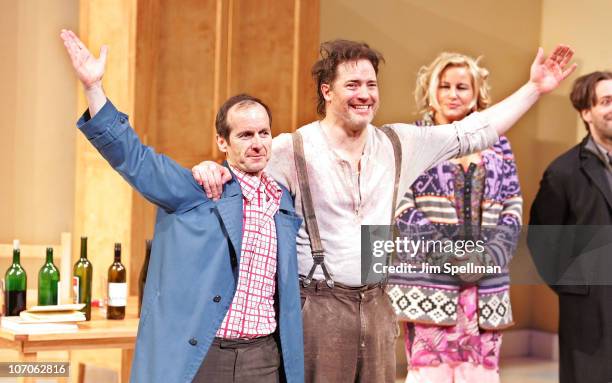 Actors Denis O'Hare, Brendan Fraser and Jennifer Coolidge and attend the Broadway opening night of "Elling" at the Ethel Barrymore Theatre on...