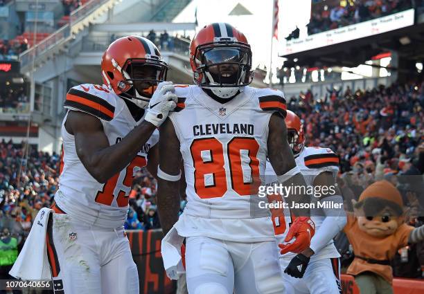 Jarvis Landry of the Cleveland Browns celebrates his touchdown with Breshad Perriman during the first quarter against the Carolina Panthers at...