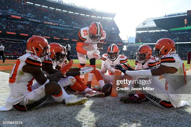 Jarvis Landry of the Cleveland Browns celebrates his touchdown with teammates during the second quarter against the Carolina Panthers during the...