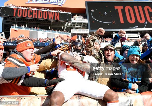 Jarvis Landry of the Cleveland Browns celebrates his touchdown with fans during the second quarter against the Carolina Panthers during the second...