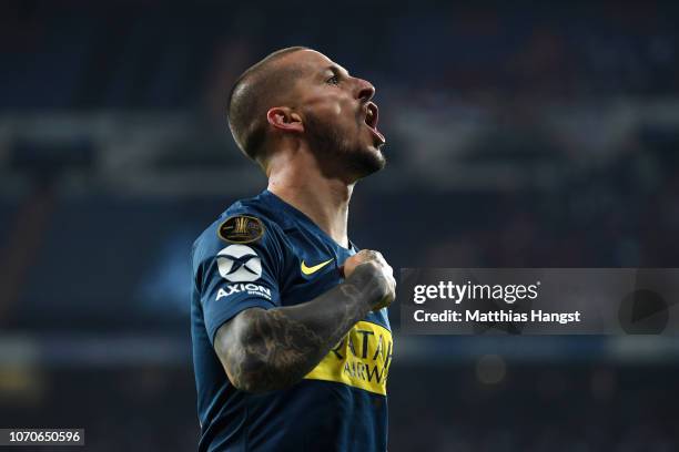 Dario Benedetto of Boca Juniors celebrates after scoring his team's first goal during the second leg of the final match of Copa CONMEBOL Libertadores...