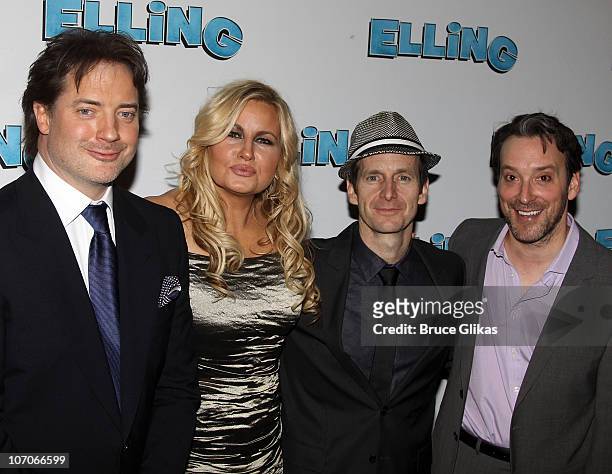 Brendan Fraser, Jennifer Coolidge, Denis O'Hare and Jeremy Shamos pose at Opening Night After Party for "Elling" on Broadway at The Soho House on...