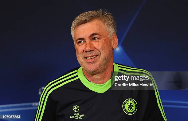 Chelsea manager Carlo Ancelotti faces the media during a Chelsea press conference ahead of their UEFA Champions League Group F match against MSK...