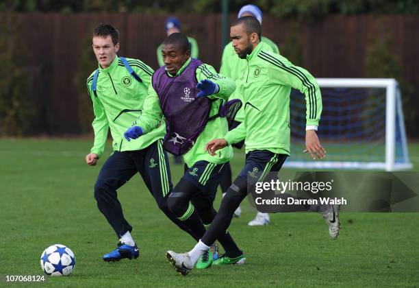 Josh McEachran, Salomon Kalou, Jose Bosingwa of Chelsea during the Chelsea training session, ahead of the UEFA Champions League Group F match against...