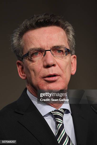 German Interior Minister Thomas de Maiziere speaks at the annual convention of the Labour Union of Police on November 22, 2010 in Berlin, Germany. De...