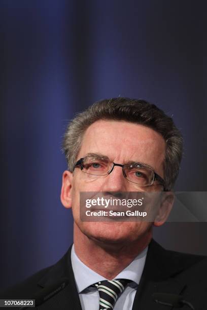 German Interior Minister Thomas de Maiziere speaks at the annual convention of the Labour Union of Police on November 22, 2010 in Berlin, Germany. De...