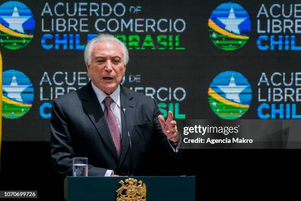 President of Brazil, Michel Temer, gives a speech after the signing of the Free Trade Agreement between Brazil and Chile at the Palacio de la Moneda;...
