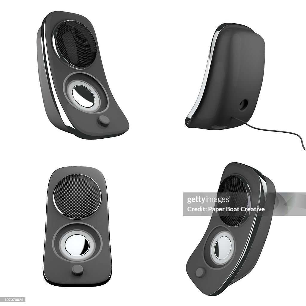 3D grey speakers on white background, cut out