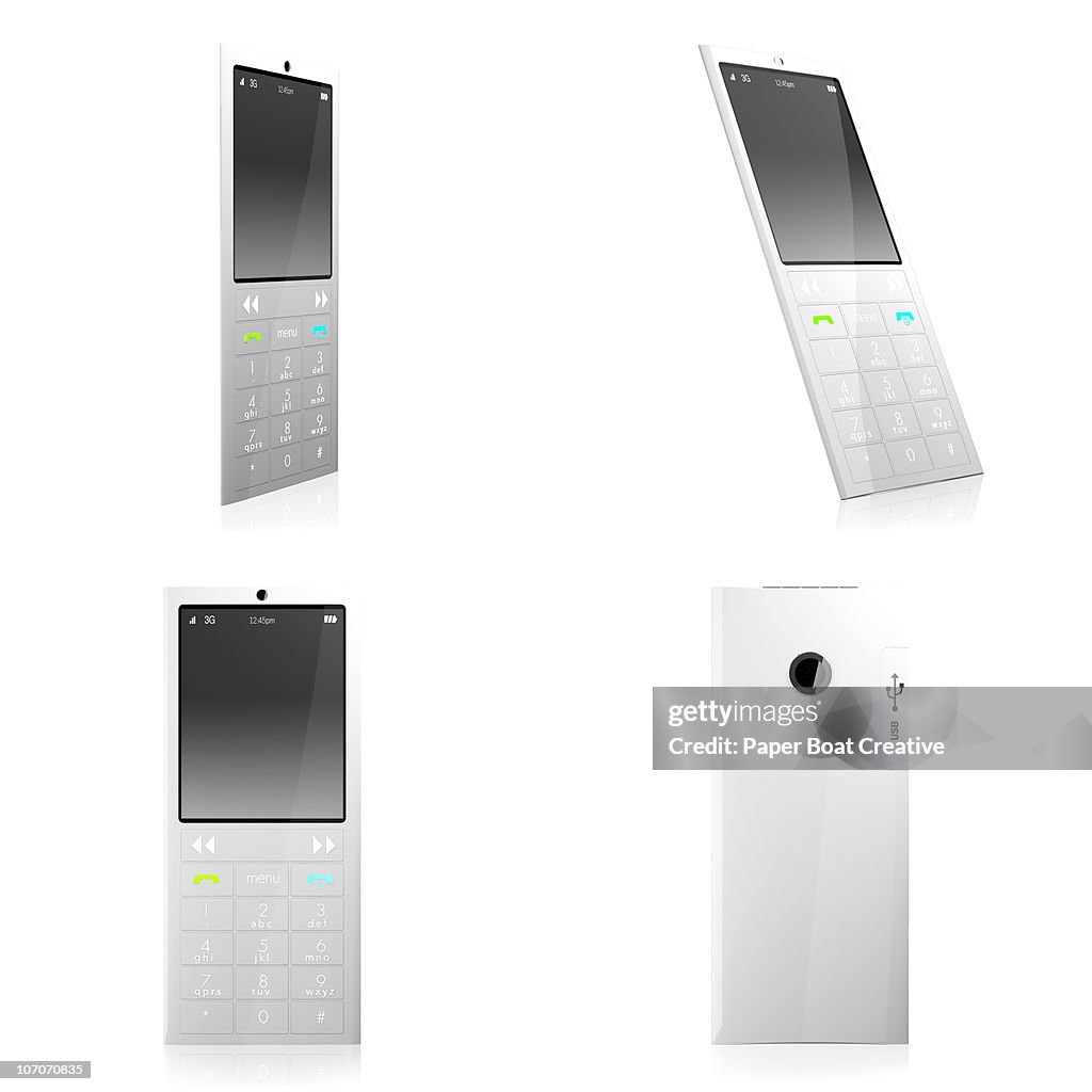 3D white mobile phone on white background, cut out