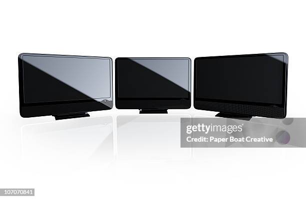 3d row of tvs on white background, cut out - empty production studio stock illustrations