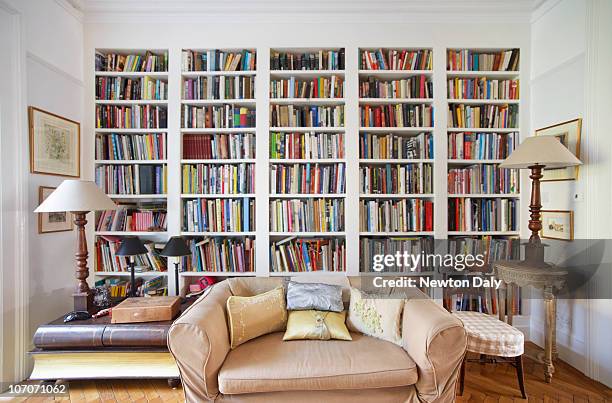living room with bookcase - boekenkast stockfoto's en -beelden