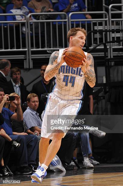 Jason Williams of the Orlando Magic protects the ball during the game against the Minnesota Timberwolves on November 3, 2010 at the Amway Center in...