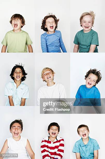 group of children laughing - boy portrait studio stock pictures, royalty-free photos & images