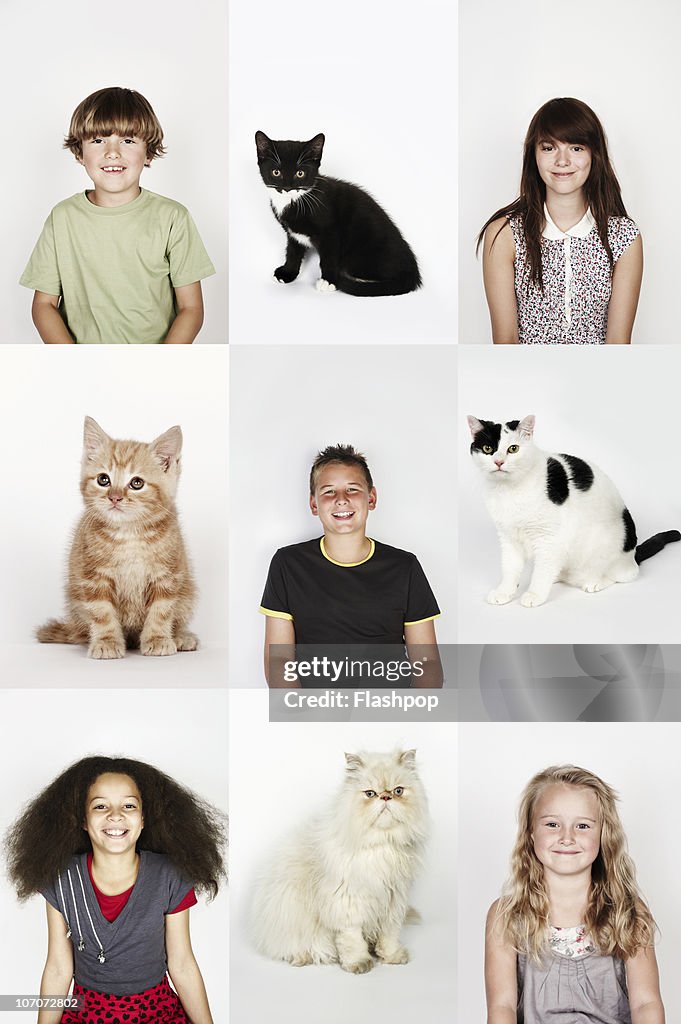 Group portrait of children and cats
