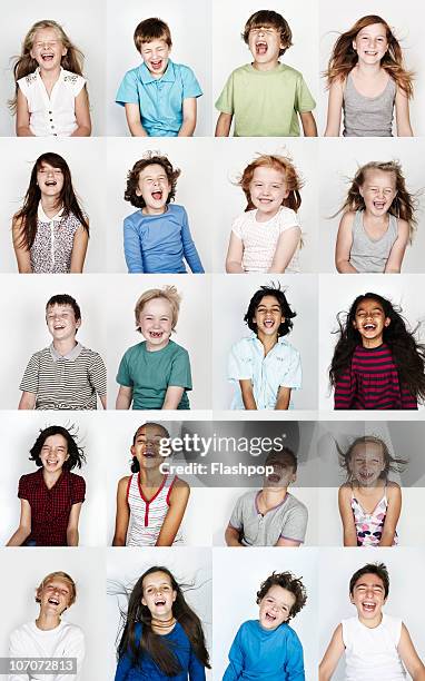 group of children laughing - multiple images different expressions stock-fotos und bilder