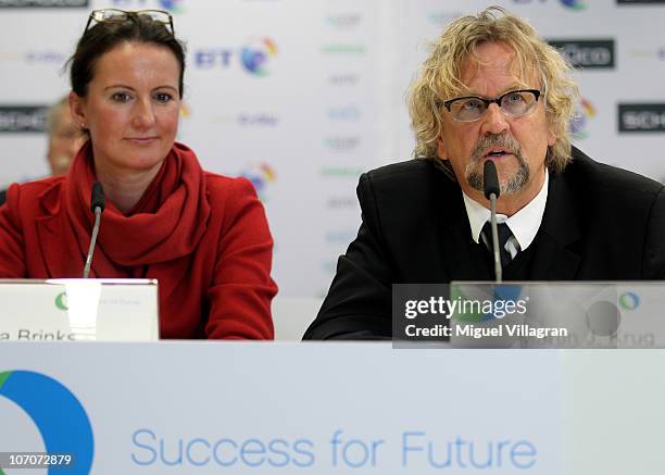 Members Tanja Brinks of Schueco and Martin J. Krug, initiator and organizer of the Success for Future Award address the media during the press...