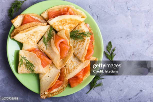 smoked salmon appetizer - crepe pancake stock pictures, royalty-free photos & images