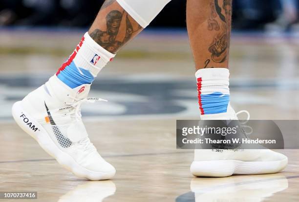 Detailed view of the Nike "Off White" Basketball shoe worn by Willie Cauley-Stein of the Sacramento Kings against the Oklahoma City Thunder during an...