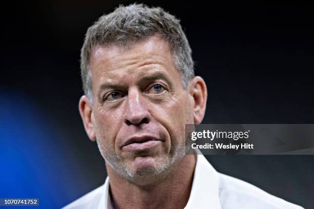 Troy Aikman on the field before a game between the Los Angeles Rams and the New Orleans Saints at Mercedes-Benz Superdome on November 4, 2018 in New...