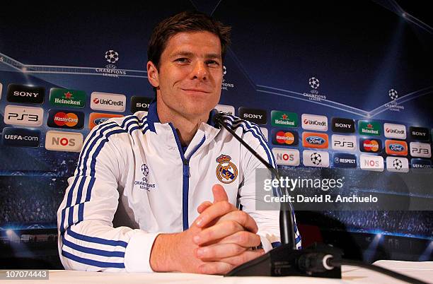 Xabi Alonso of Real Madrid talks to the media during a press conference at the Amsterdam Arena, ahead of their UEFA Champions League Group G match...