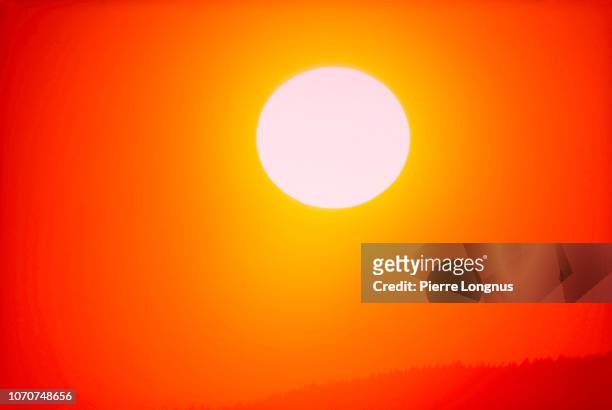 full frame, close-up of a big orange sun setting above the rainforest of southern british columbia - warm sunlight stock pictures, royalty-free photos & images
