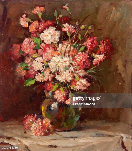 ilustraciones, imágenes clip art, dibujos animados e iconos de stock de naturaleza muerta pintura al óleo mostrando coloridas flores en el florero - pintura al óleo