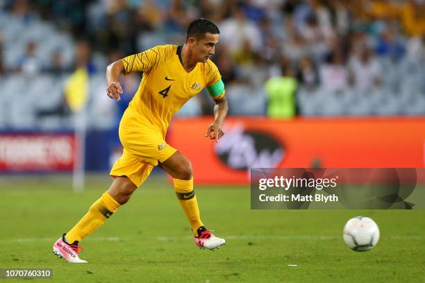 Tim Cahill of Australia kicks the ball during the International Friendly Match between the Australian Socceroos and Lebanon at ANZ Stadium on...