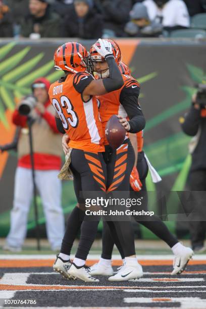 Jeff Driskel and Tyler Boyd of the Cincinnati Bengals celebrate a touchdown during their game against the New Orleans Saints at Paul Brown Stadium on...