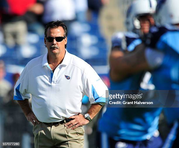 Coach Jeff Fisher of the Tennessee Titans against the Washington Redskins at LP Field on November 21, 2010 in Nashville, Tennessee. The Redskins won...