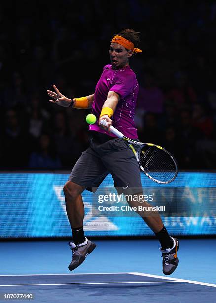 Rafael Nadal of Spain plays a forehand in his singles match against Andy Roddick of the United States during the Barclays ATP World Tour Finals at...