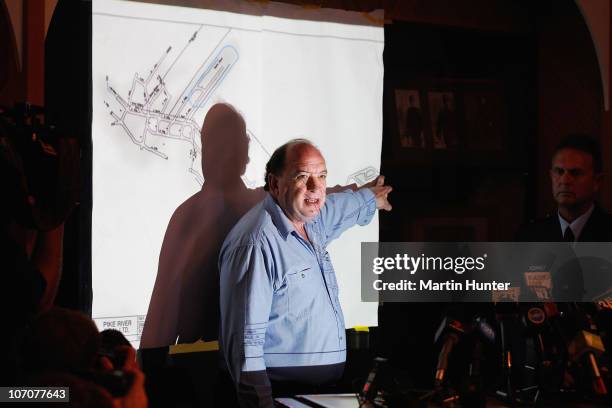 Of Pike River Coal Mine Peter Whittall shows a schematic drawing of the mine on November 23, 2010 in Greymouth, New Zealand. Police authorities...