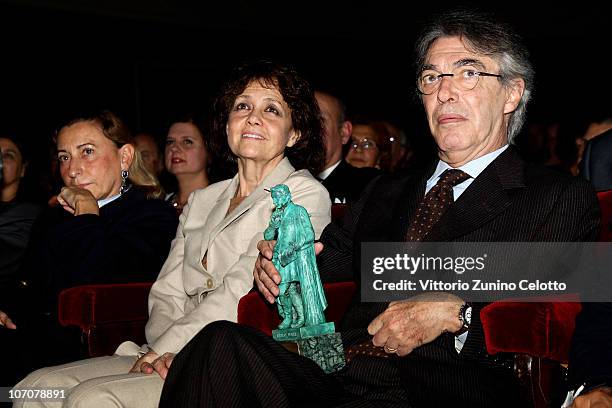 Miuccia Prada, Milly Moratti, Massimo Moratti attend the 2010 Carlo Porta Award held at Teatro Manzoni on November 22, 2010 in Milan, Italy.