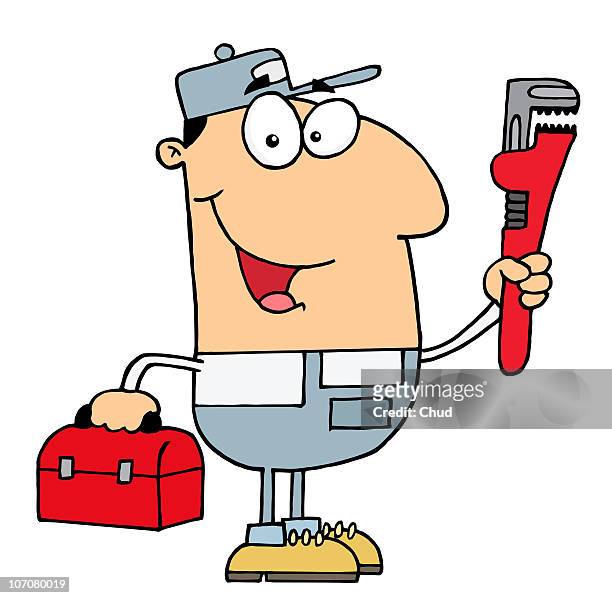 plumber man carrying a red wrench and tool box - expertise stock illustrations
