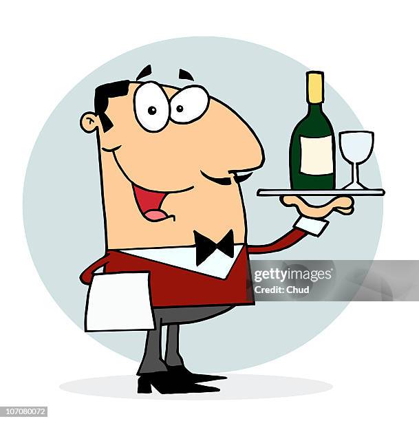 stockillustraties, clipart, cartoons en iconen met caucasian male waiter serving wine - neckwear