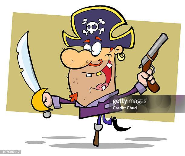 peg leg pirate balancing and holding up a sword an - close up stock illustrations