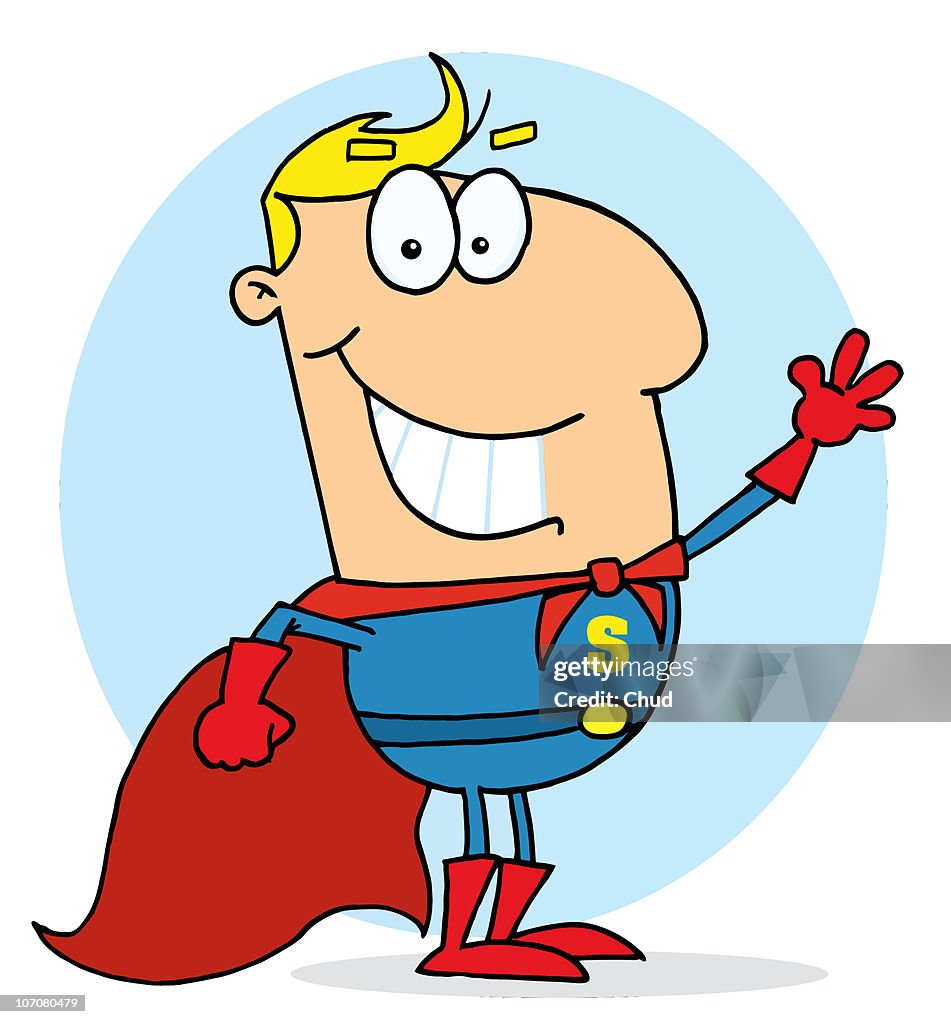 Blond Cartoon Super Hero Waving Man