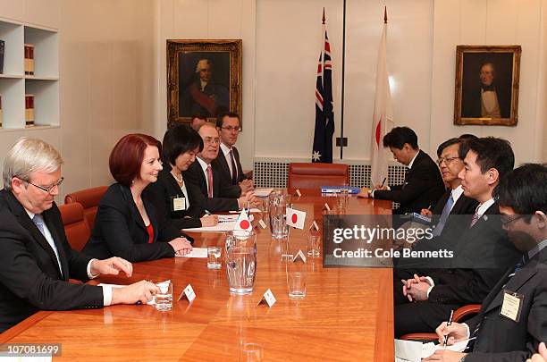 Prime Minister Julia Gillard and Foreign Minister Kevin Rudd meet with Japanese Foreign Minister Seiji Maehara at Parliament House on November 23,...