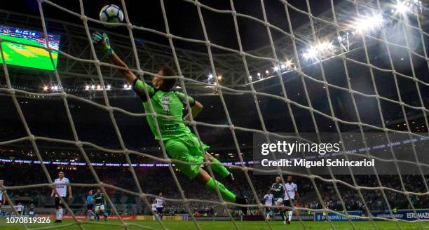 Goalkeeper Joao Ricardo of America MG attempts to save a goal of Dudu of Palmeiras during a match between Palmeiras and America MG at Allianz Parque...