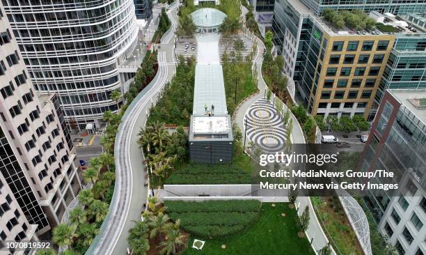 Drone view of the new Salesforce Transit Center and public park are seen in downtown San Francisco, Calif., on Wednesday, Aug. 8, 2018. The grand...