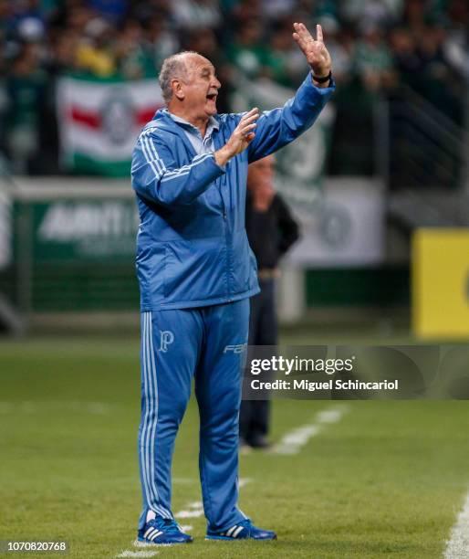 Palmeiras team coach Luiz Felipe Scolari gestures during a match between Palmeiras and America MG at Allianz Parque on November 21, 2018 in Sao...