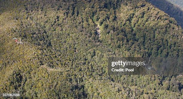 An aerial view of the drilling rig at the Pike River Coal Mine on November 23, 2010 in Greymouth, New Zealand. Police authorities confirmed two...