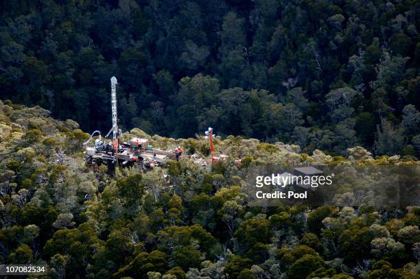An aerial view of the drilling rig at the Pike River Coal Mine on November 23, 2010 in Greymouth, New Zealand. Police authorities confirmed two...
