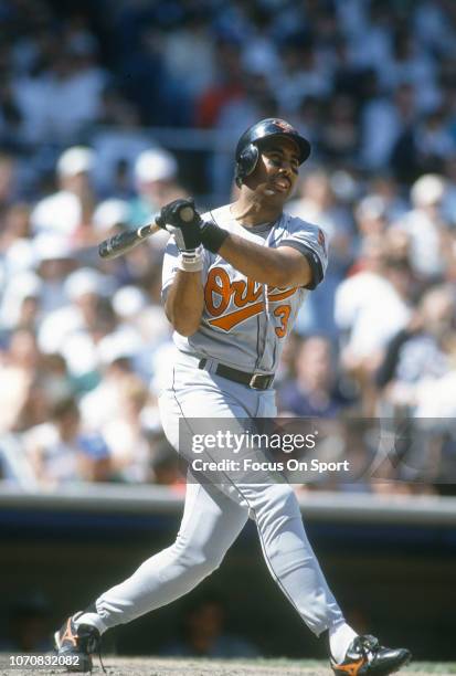 Harold Baines of the Baltimore Orioles bats against the New York Yankees during an Major League Baseball game circa 1995 at Yankee Stadium in the...