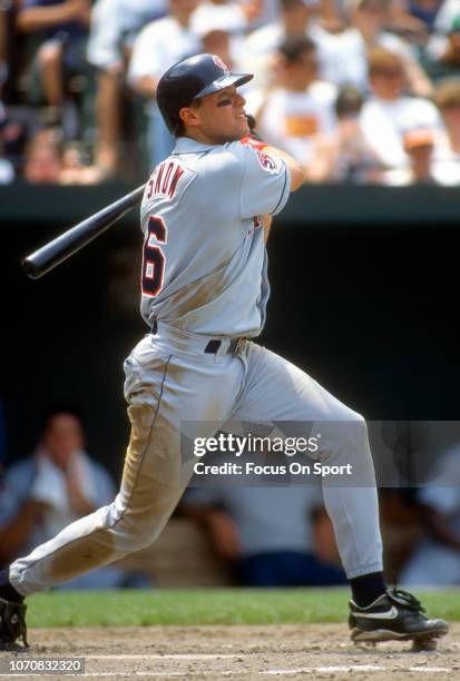 Snow of the California Angels bats against the Baltimore Orioles during an Major League Baseball game circa 1993 at Oriole Park at Camden Yards in...