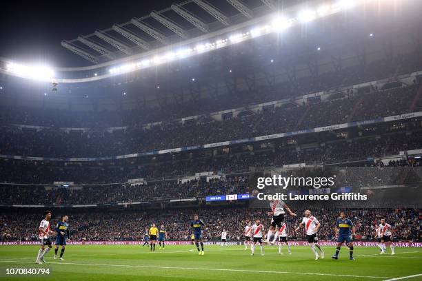 General view inside the stadium as Boca Juniors take a free kick during the second leg of the final match of Copa CONMEBOL Libertadores 2018 between...