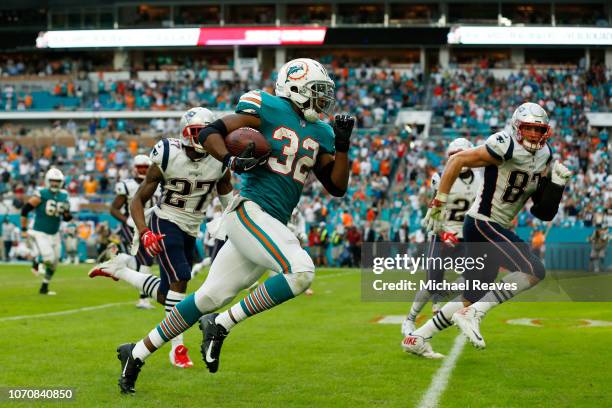 Kenyan Drake of the Miami Dolphins carries the ball for the game winning touchdown during the fourth quarter against the New England Patriots at Hard...